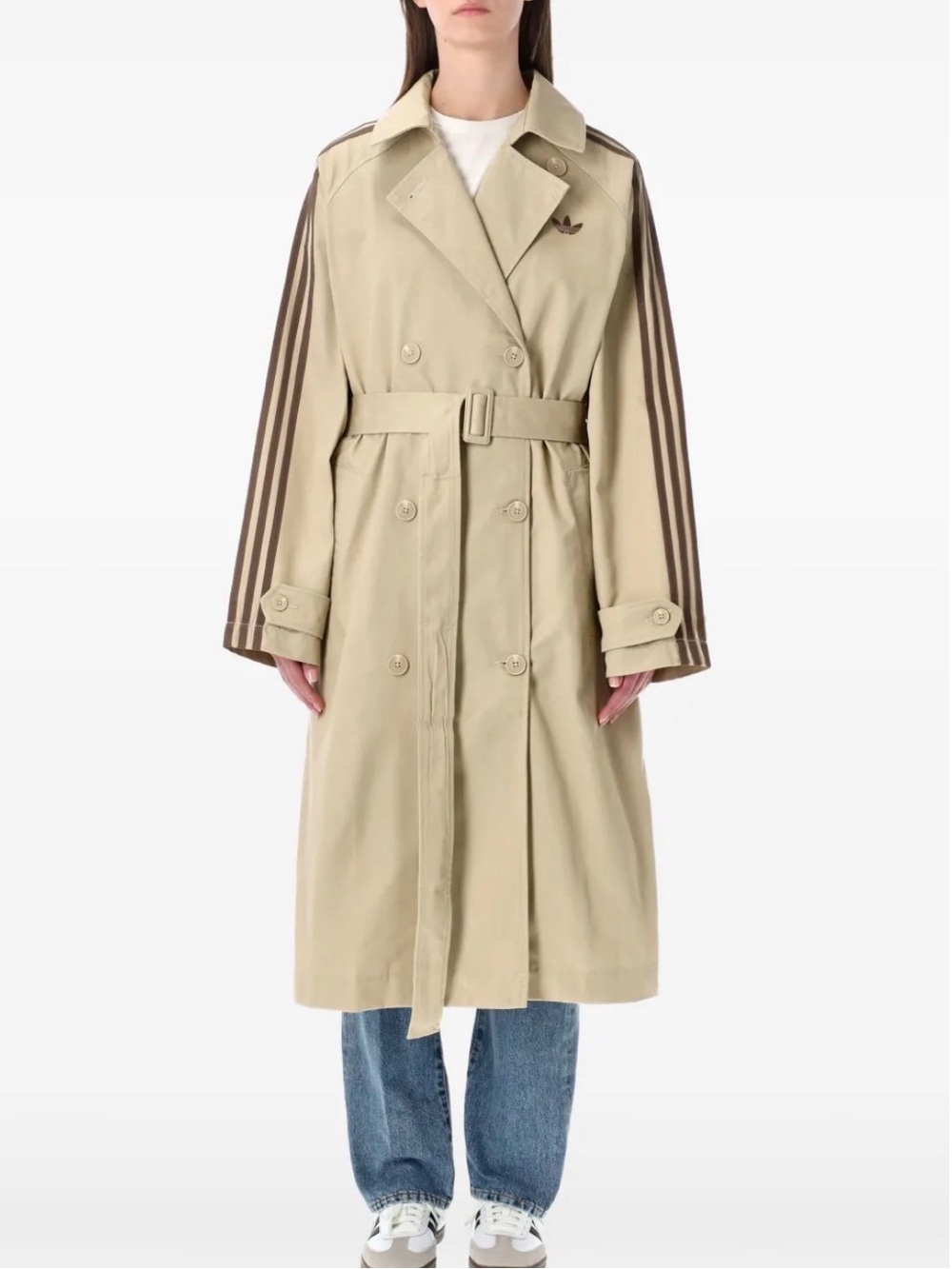 adidas Originals Beige Trench Coat with Brown Stripe Sleeves - Women